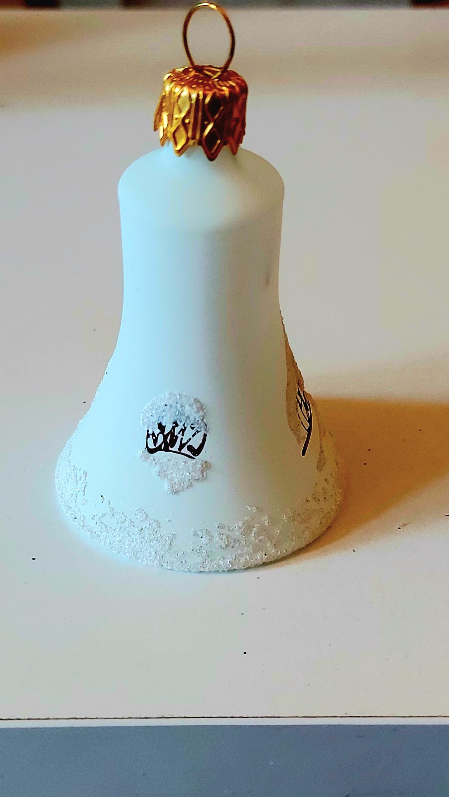 Vintage Czech Glass Christmas Ornament Bell: Hand-Painted Winter Village White