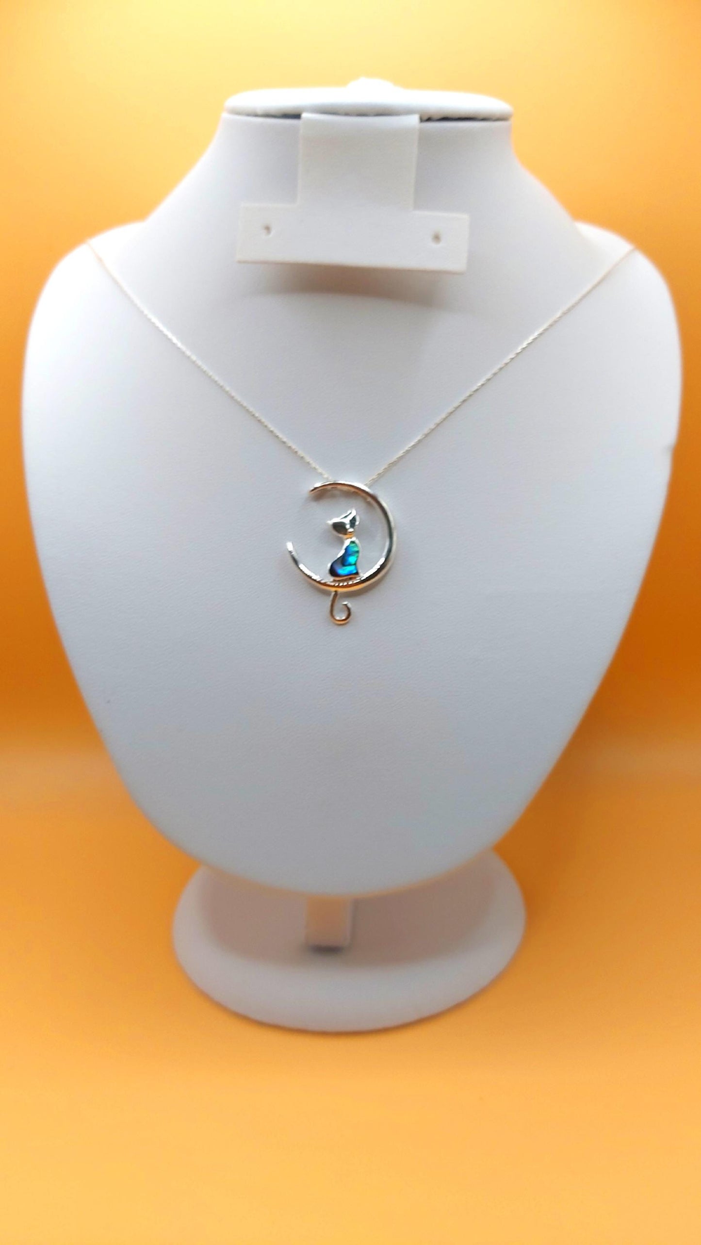 Silver Handmade Inlay Pendant Semi Precious Abalone Shell- Cat on Moon