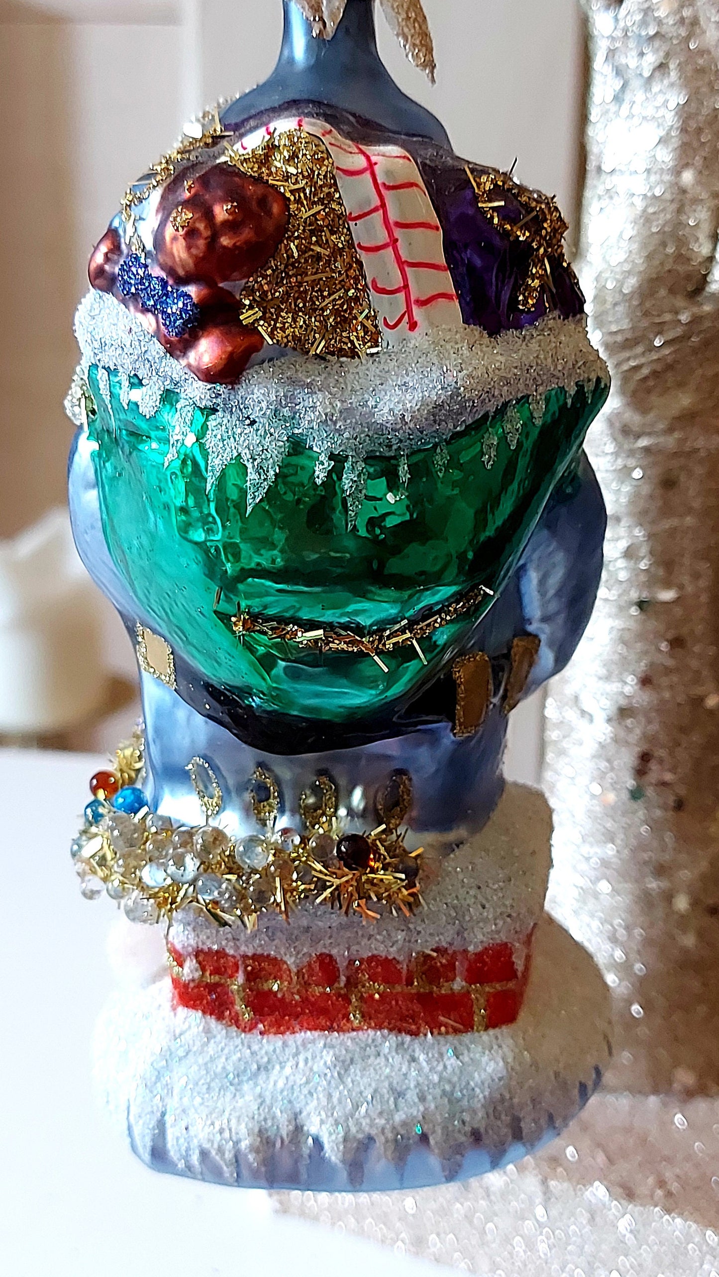 Vintage Czech Republic, Glass Blown, Hand Painted Christmas Tree Ornament - Large Santa Chimney Blue