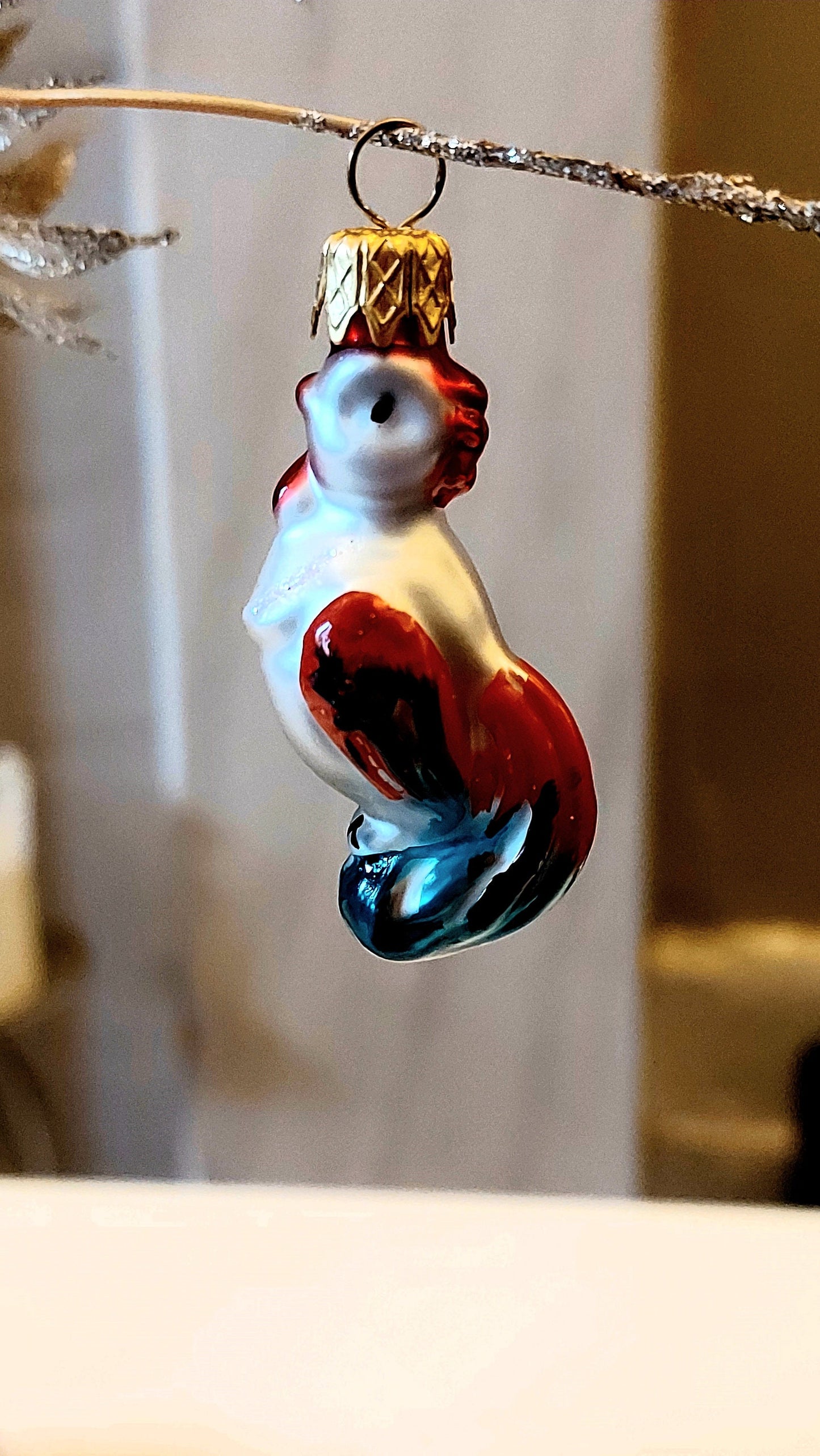 Vintage Czech Republic, Glass Blown, Hand Painted Christmas Tree Ornament - cockerels a pair ( x 2 )