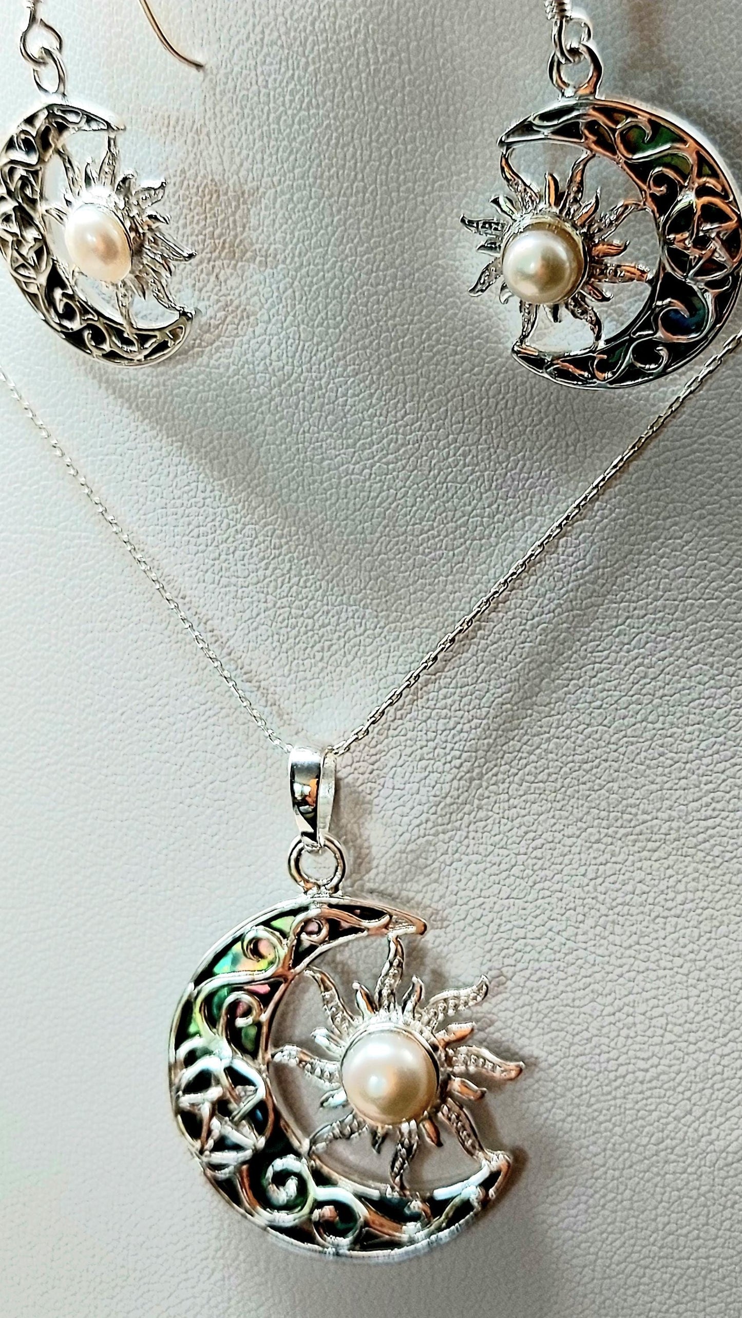 Silver Handmade Inlay Pendant/Earring Set Semi Precious Abalone Shell- Sun/Moon