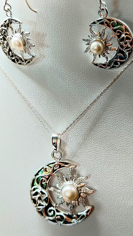 Silver Handmade Inlay Pendant/Earring Set Semi Precious Abalone Shell- Sun/Moon