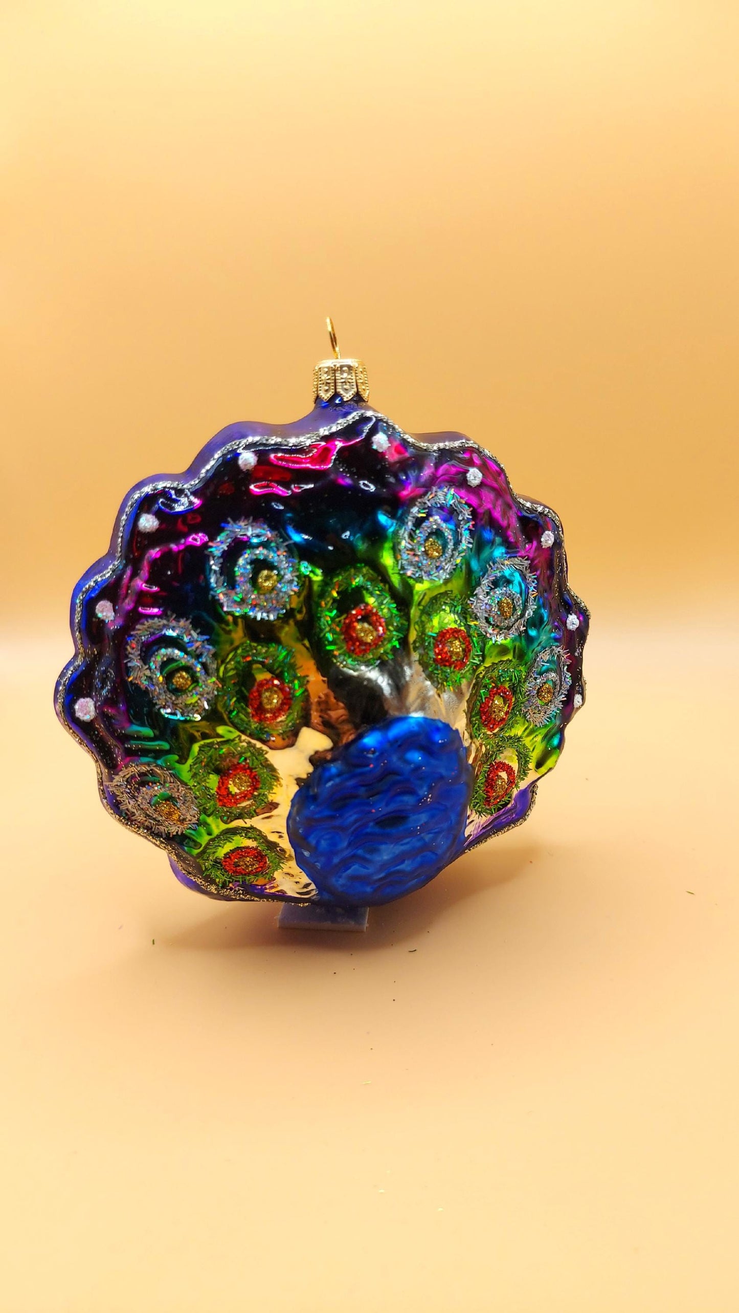 Vintage Czech Republic, Glass Blown, Hand Painted Christmas Tree Ornament - Peacock Purple