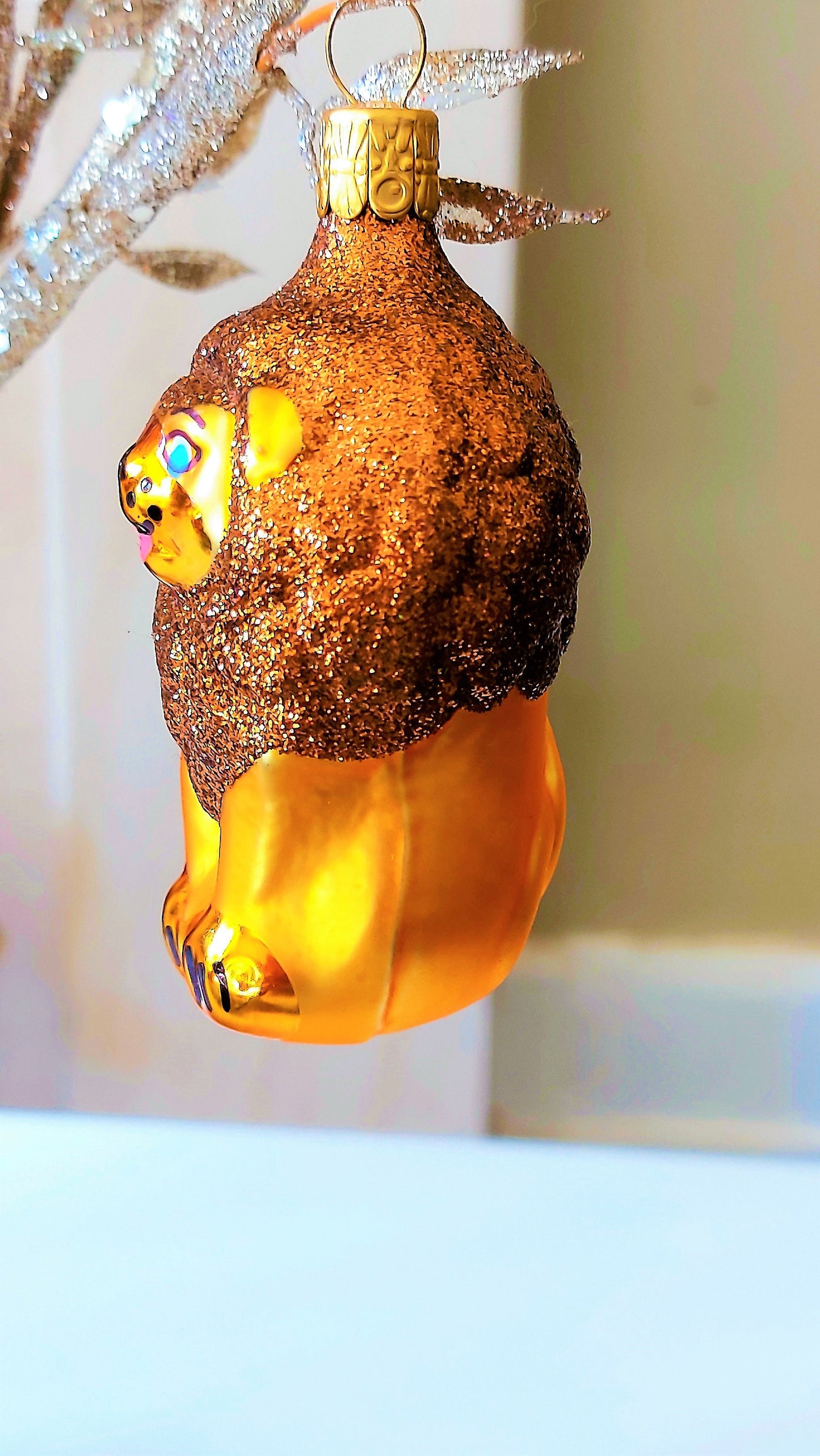 Vintage Czech Republic, Glass Blown, Hand Painted Christmas Tree Ornament - Lion