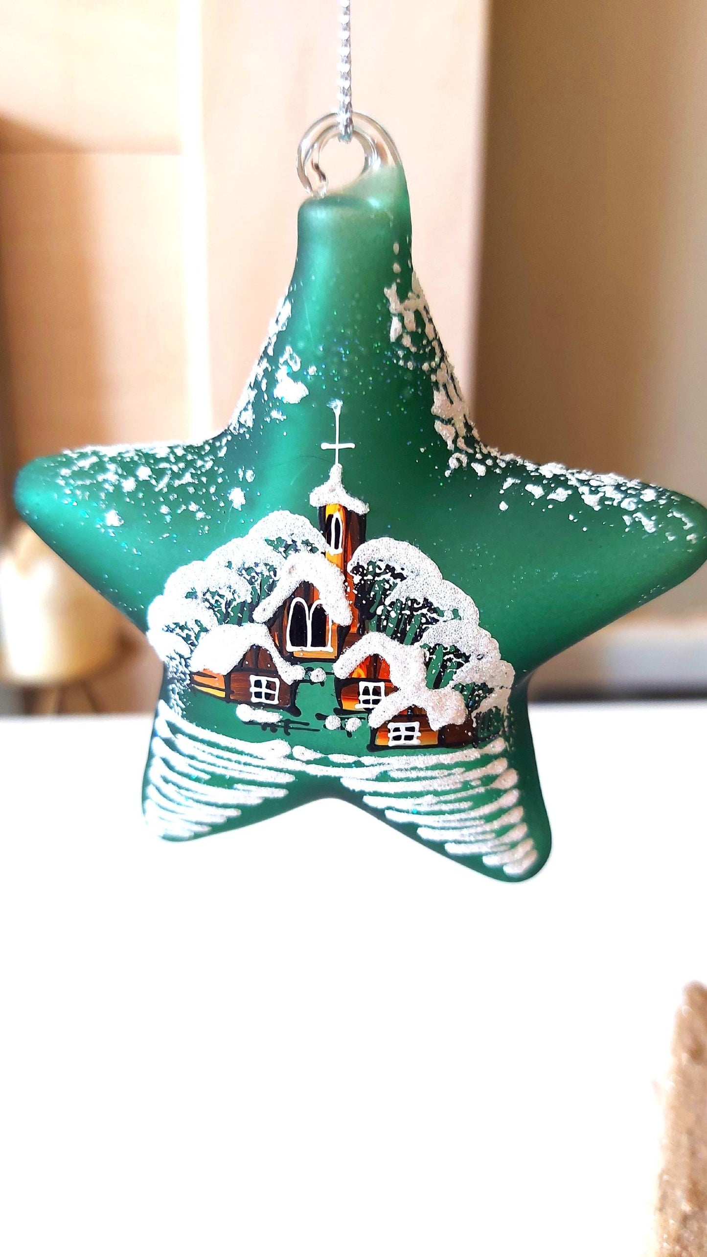 Vintage Czech Glass Christmas Ornament: Hand-Painted Green Star, House Motif
