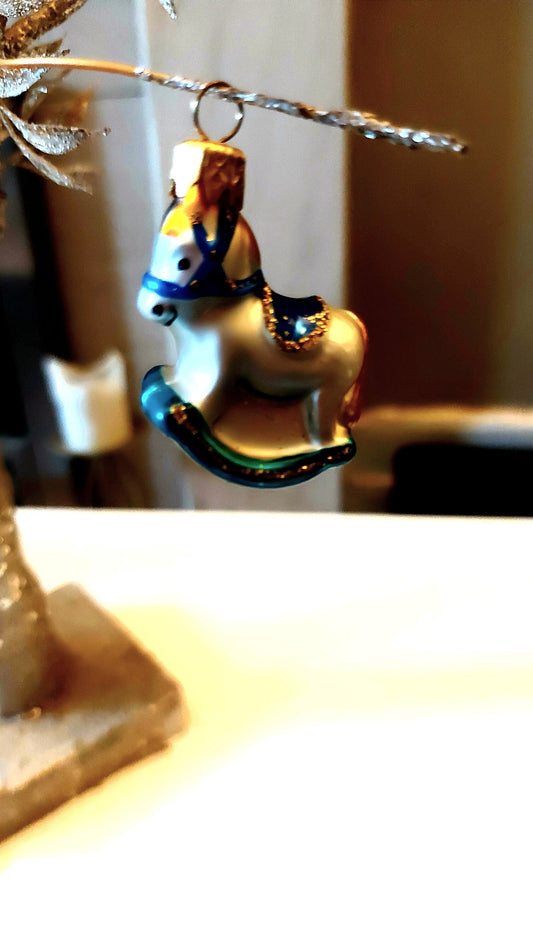 Vintage Czech Glass Blown Rocking Horse Christmas Ornament Pair
