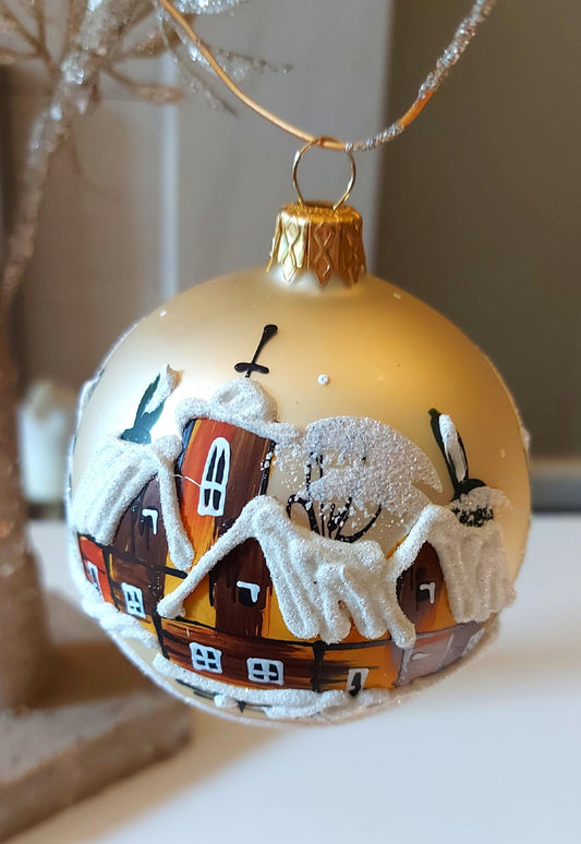 Vintage Czech Glass Christmas Ornament: Hand-Painted Gold large Ball