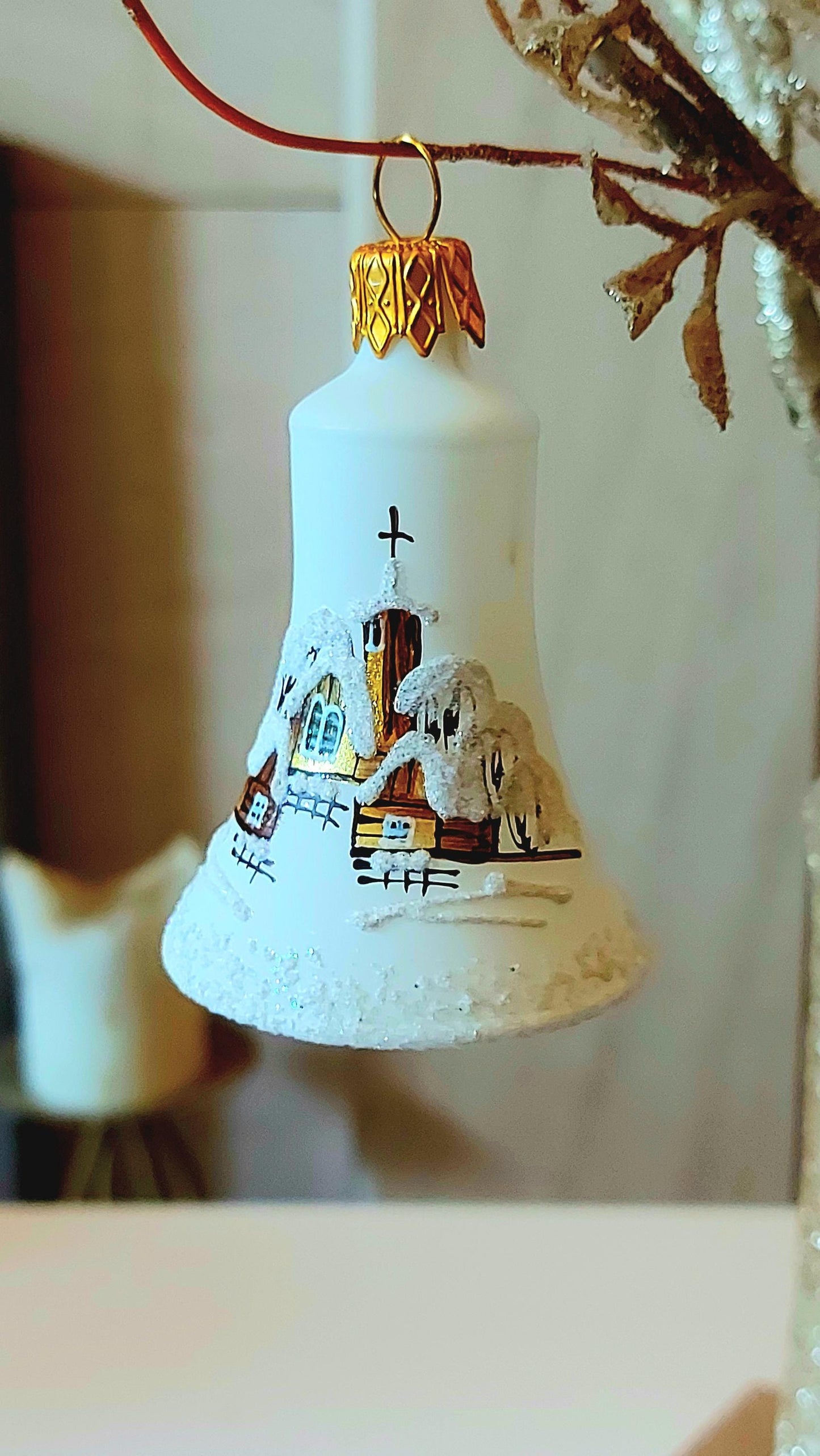 Vintage Czech Glass Christmas Ornament Bell: Hand-Painted Winter Village White