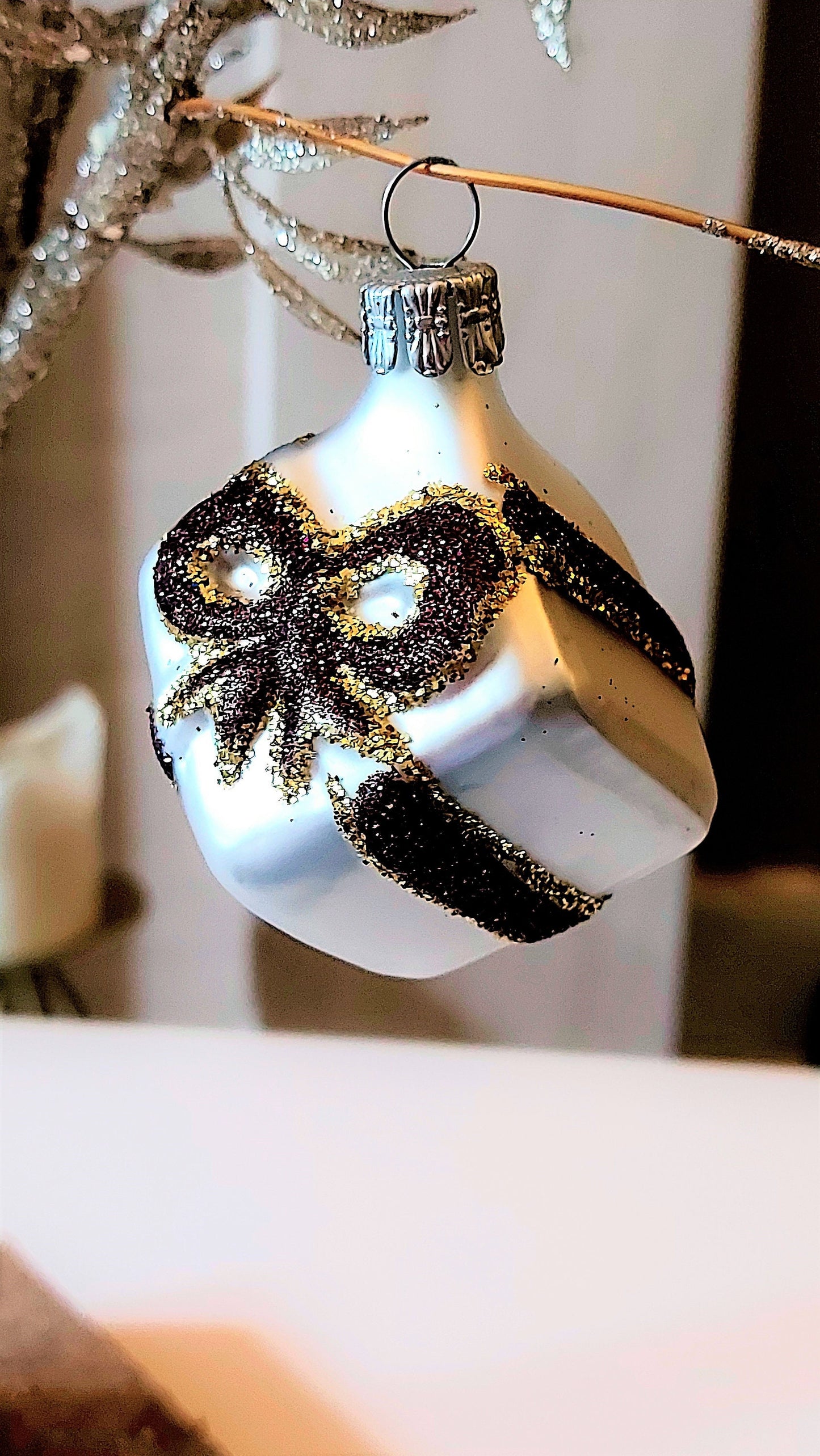 Vintage Czech Republic, Glass Blown, Hand Painted Christmas Tree Ornament - Present