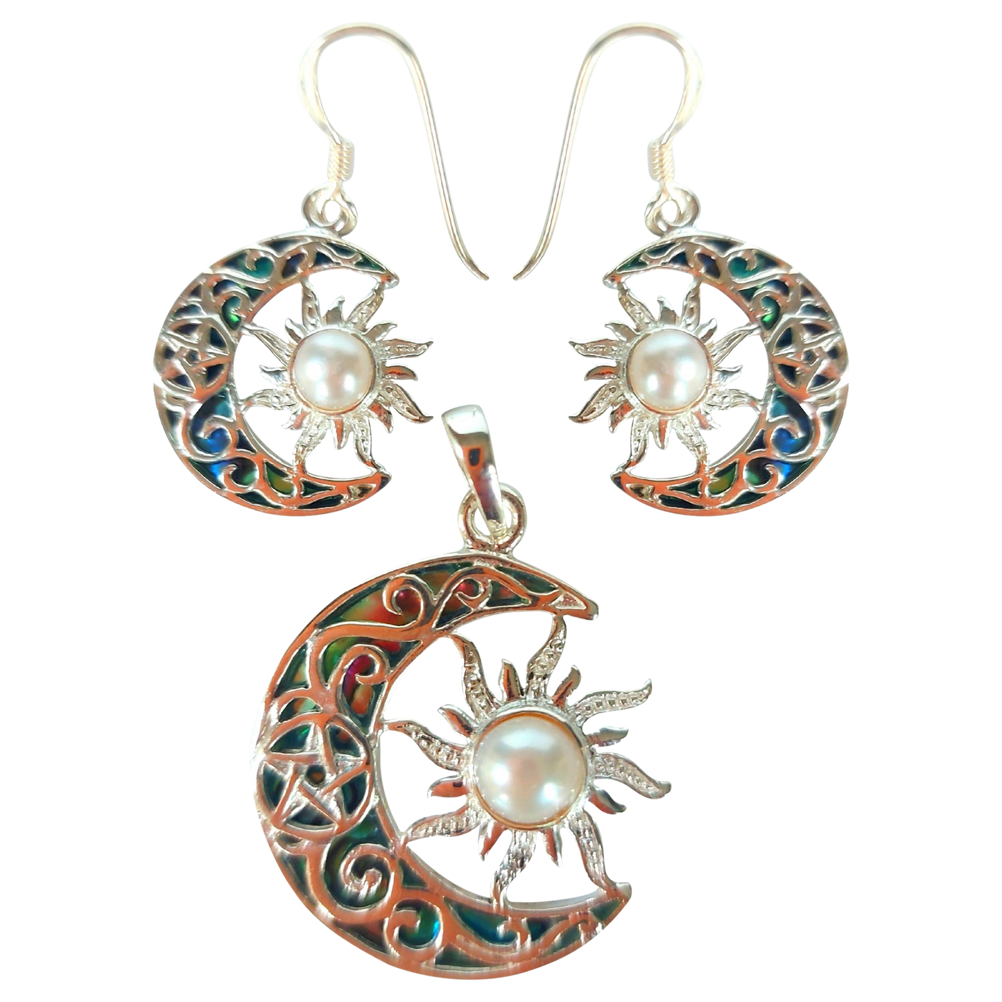 Silver Handmade Inlay Pendant/Earring Set Semi Precious Abalone Shell- Sun/Moon