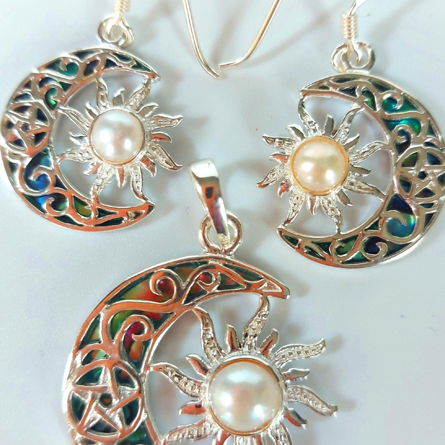 Silver Handmade Inlay Pendant/Earring Set Semi Precious Abalone Shell- Sun/Moon