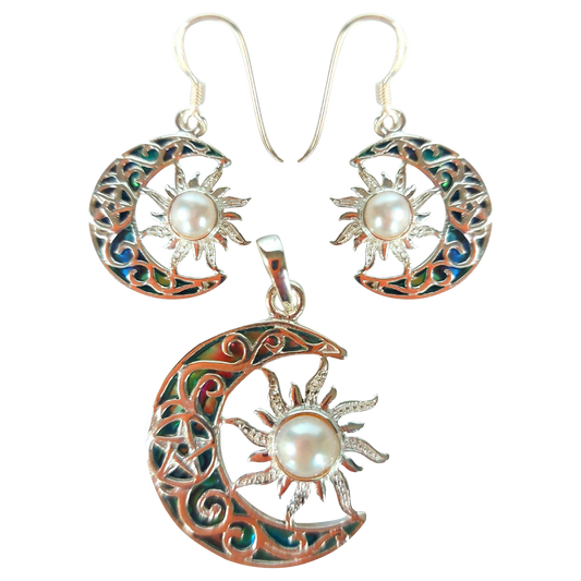 Silver Handmade Inlay Pendant/Earring Set Semi Precious Abalone Shell- Sun/Moon