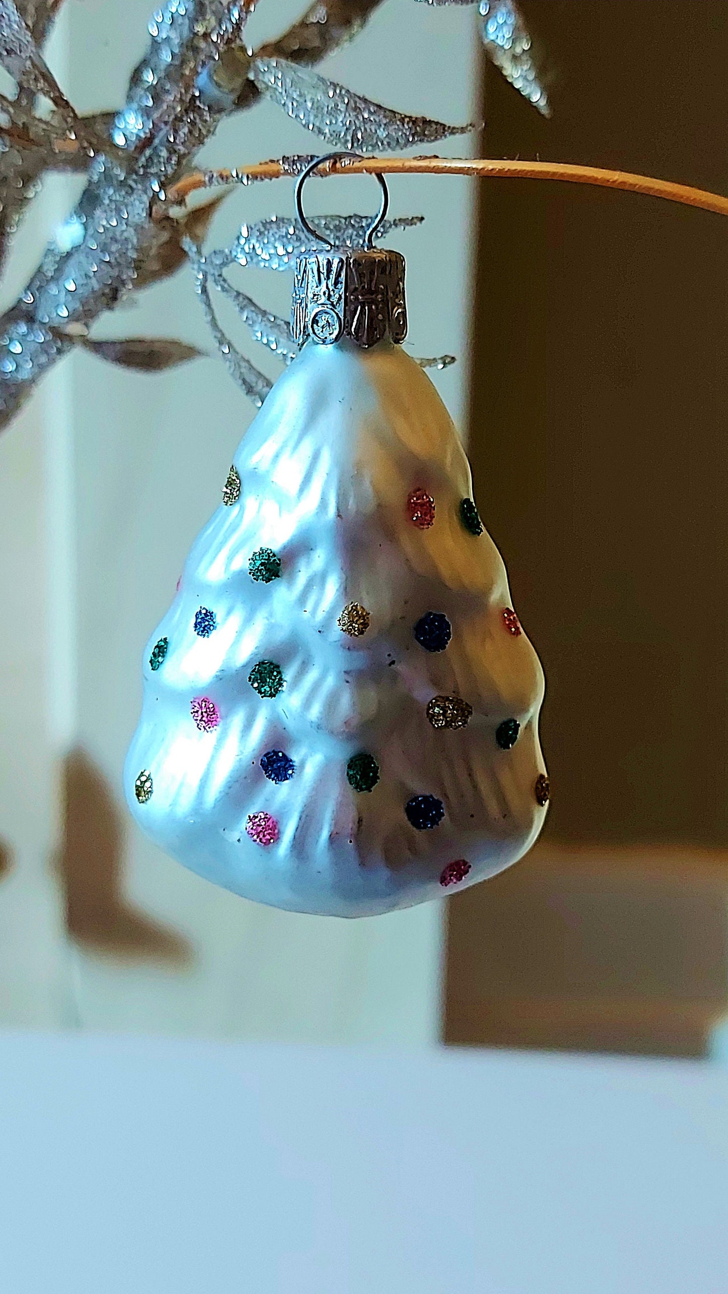 Vintage Czech Republic, Glass Blown, Hand Painted Christmas Tree Ornament - Small Tree ( x 2 )
