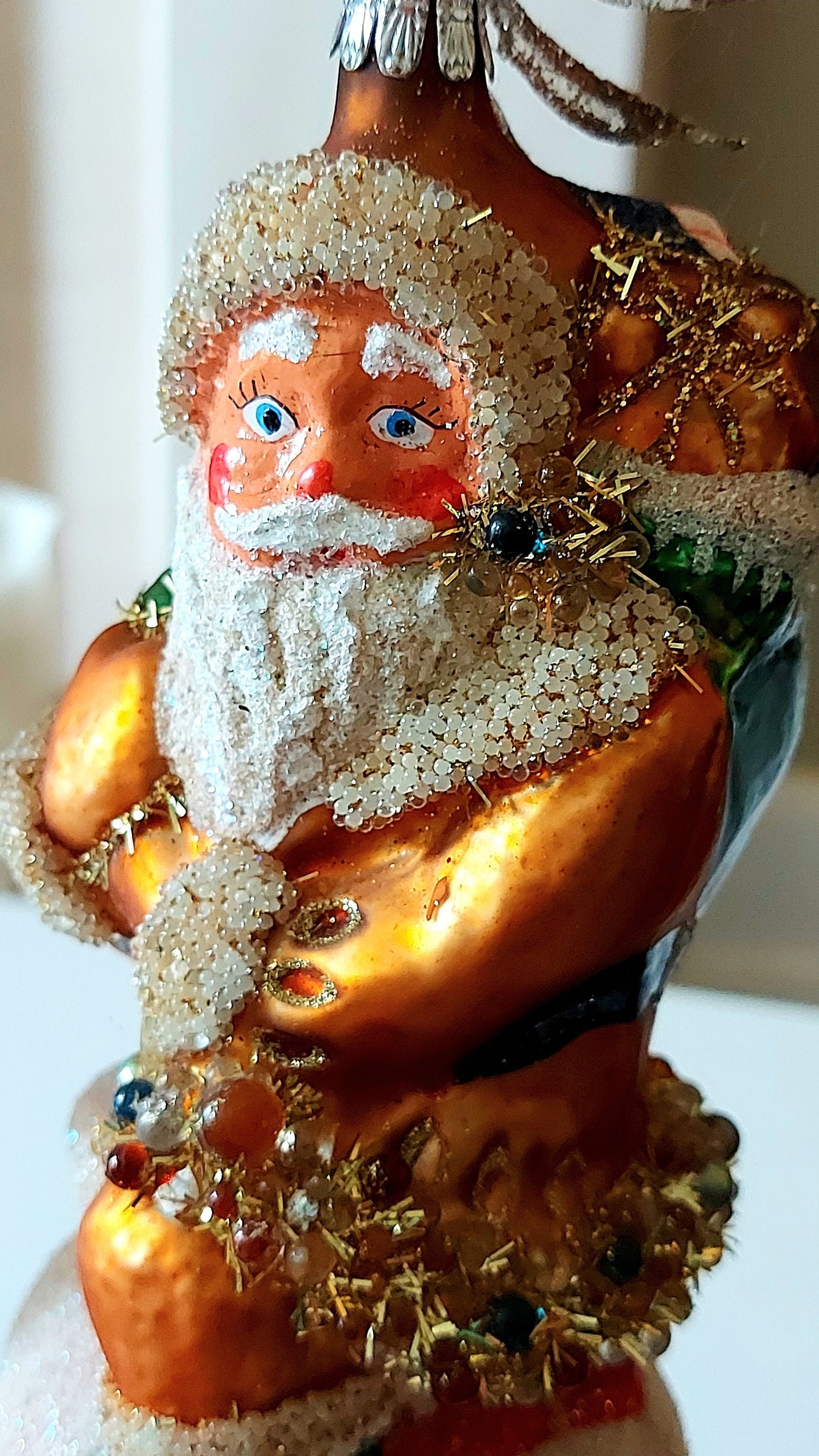 Vintage Czech Republic, Glass Blown, Hand Painted Christmas Tree Ornament - Large Santa Chimney Gold