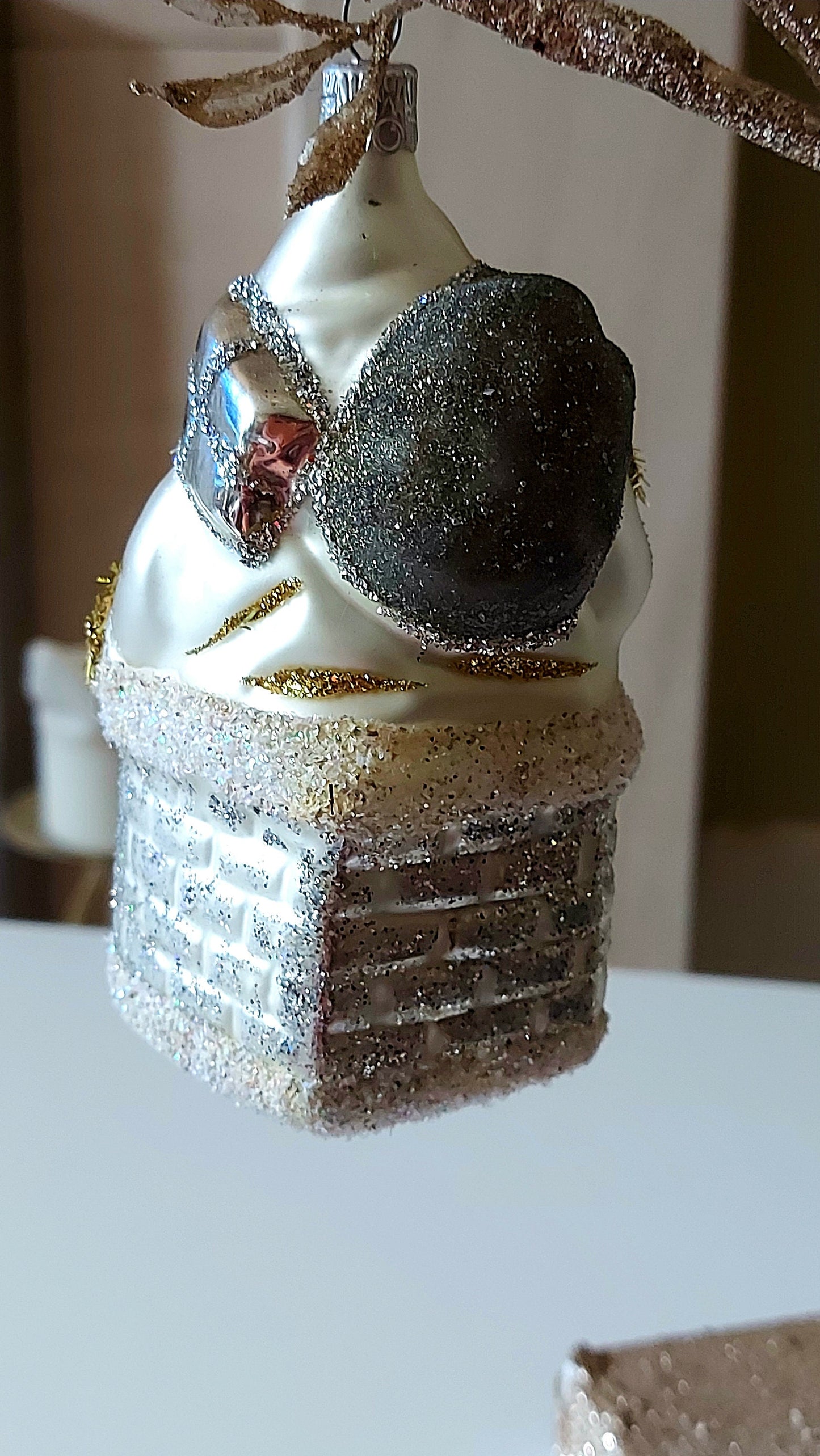 Vintage Czech Republic, Glass Blown, Hand Painted Christmas Tree Ornament - Large Santa in Chimney