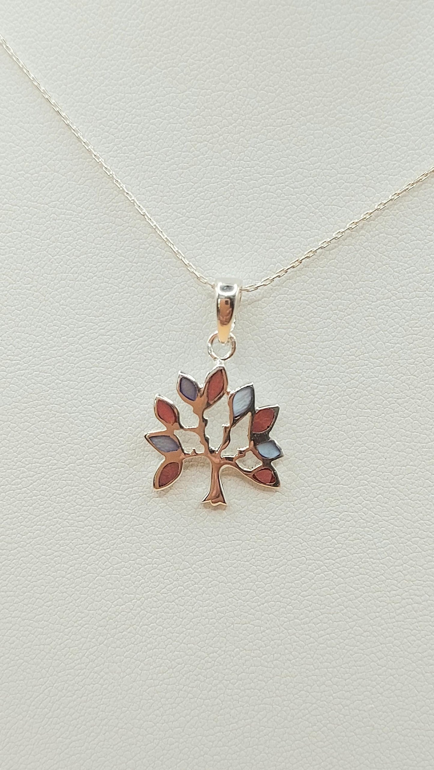 Silver Handmade Inlay Pendant Semi Precious Natural Shell- Tree