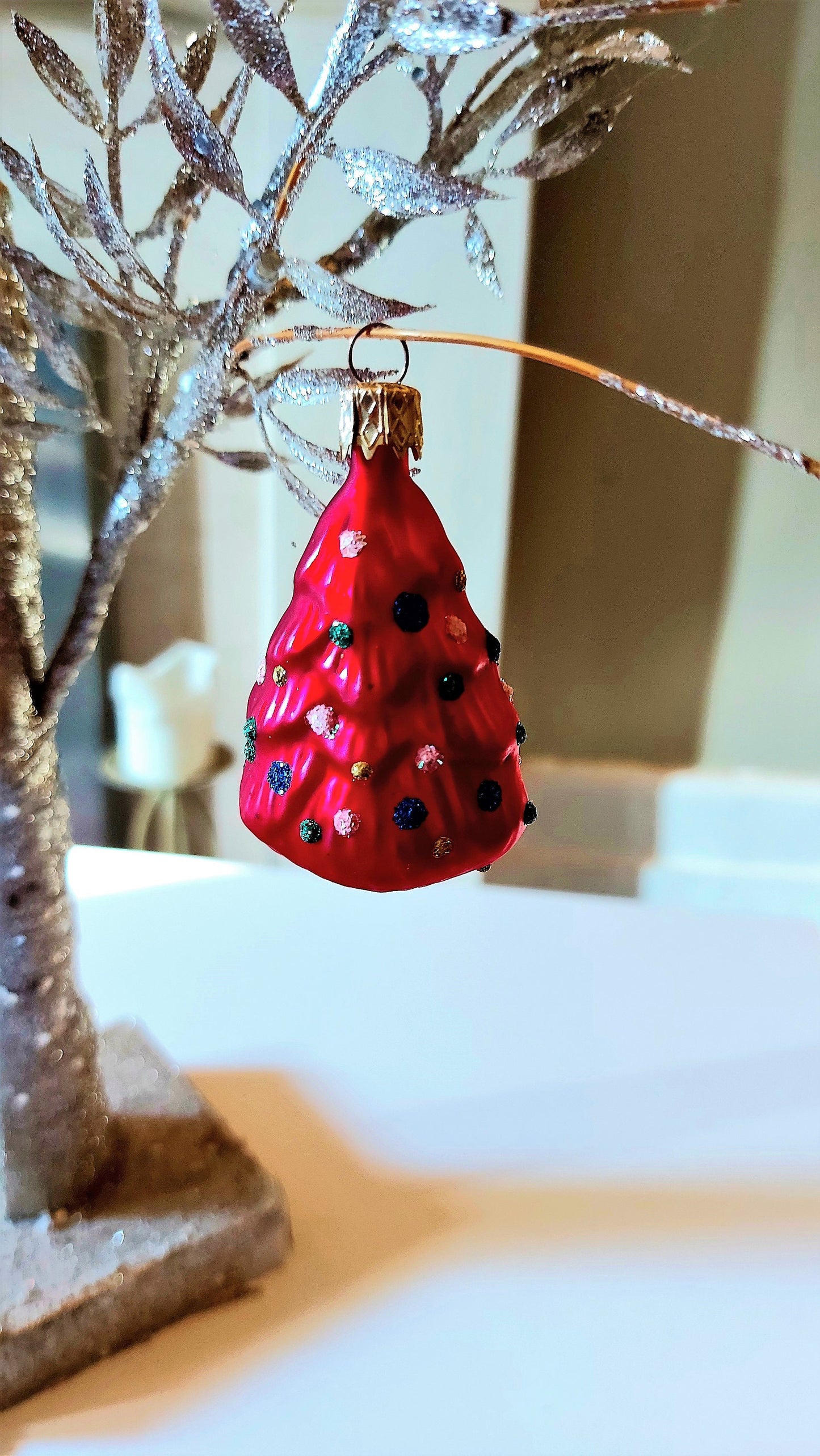 Vintage Czech Republic, Glass Blown, Hand Painted Christmas Tree Ornament - Small Tree ( x 2 )