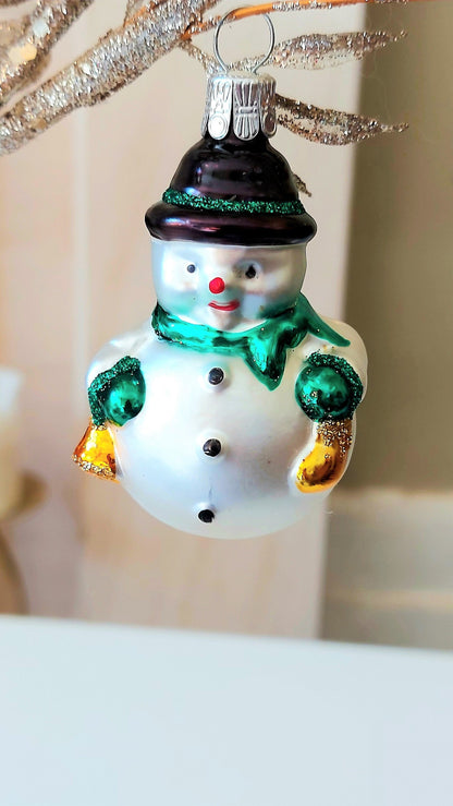 Vintage Czech Glass Snowman Christmas Ornament with Bowler Hat (Pair)