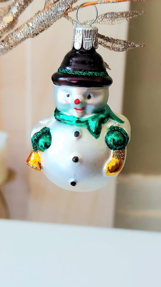 Vintage Czech Glass Snowman Christmas Ornament with Bowler Hat (Pair)