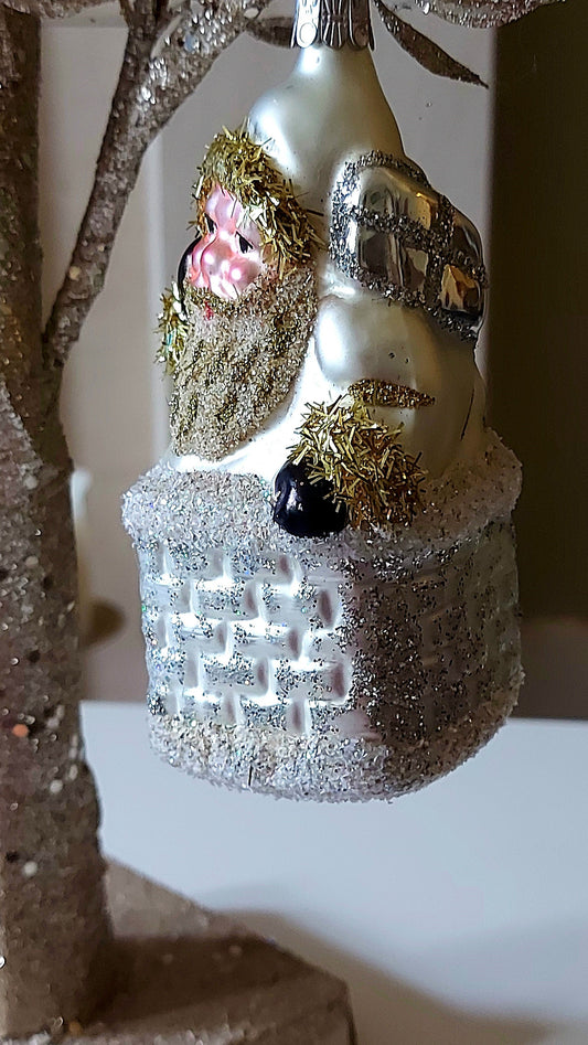 Vintage Czech Republic, Glass Blown, Hand Painted Christmas Tree Ornament - Large Santa in Chimney