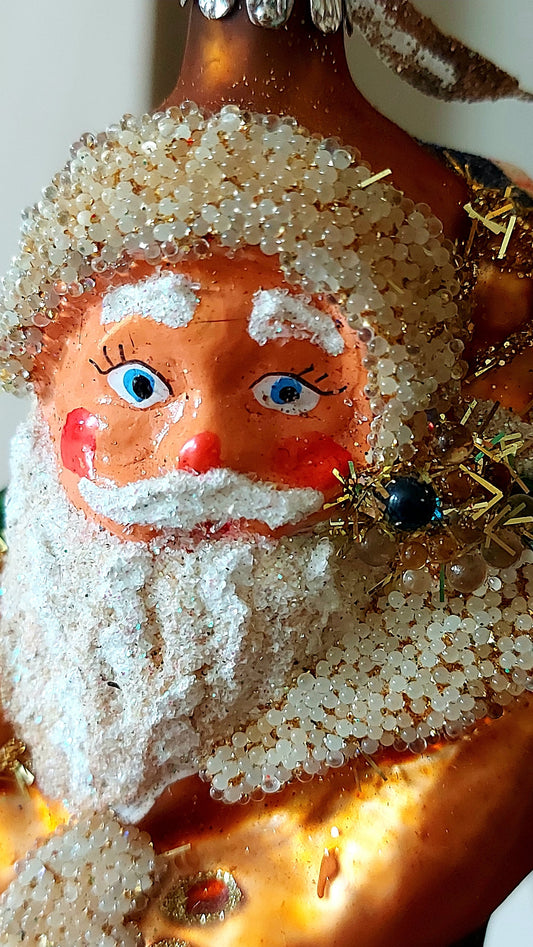 Vintage Czech Republic, Glass Blown, Hand Painted Christmas Tree Ornament - Large Santa Chimney Gold