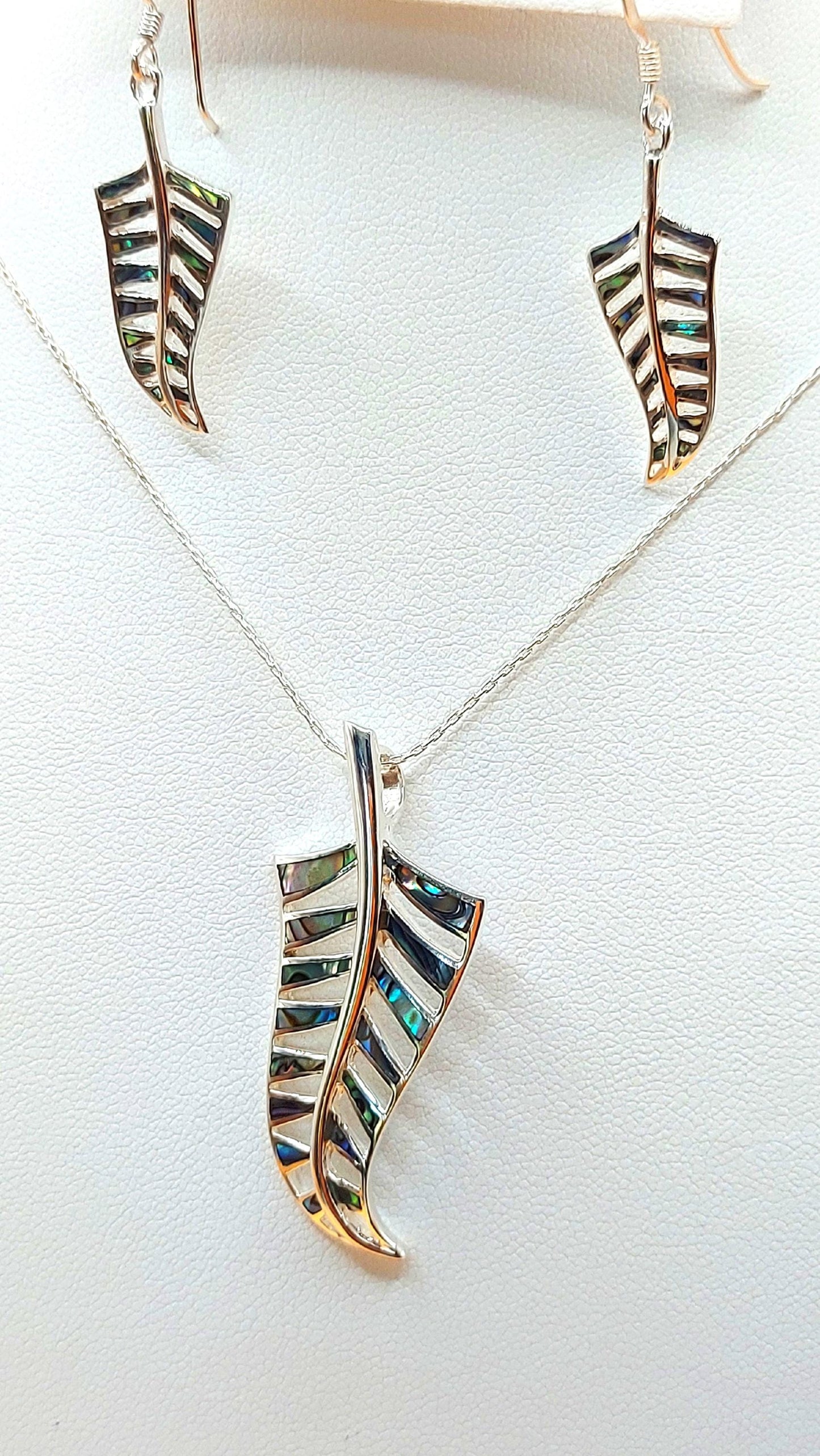 Silver Handmade Inlay Pendant/Earring Set Semi Precious Abalone Shell- Leaf