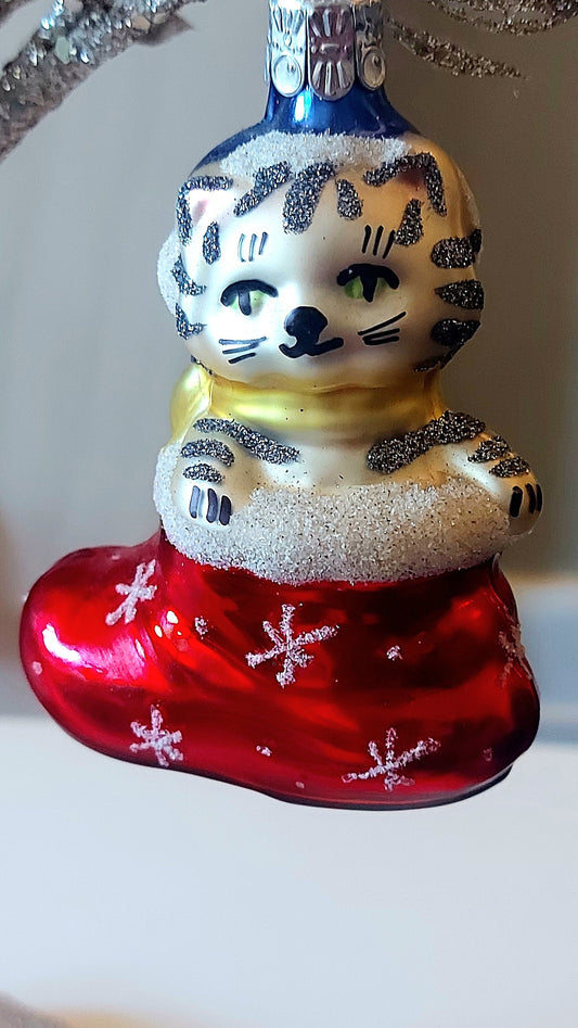 Vintage Czech Republic, Glass Blown, Hand Painted Christmas Tree Ornament - Cat in Boot