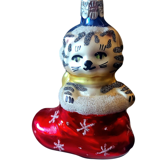 Czech Republic, Glass Blown, Hand Painted Christmas Tree Ornament - Cat in Boot