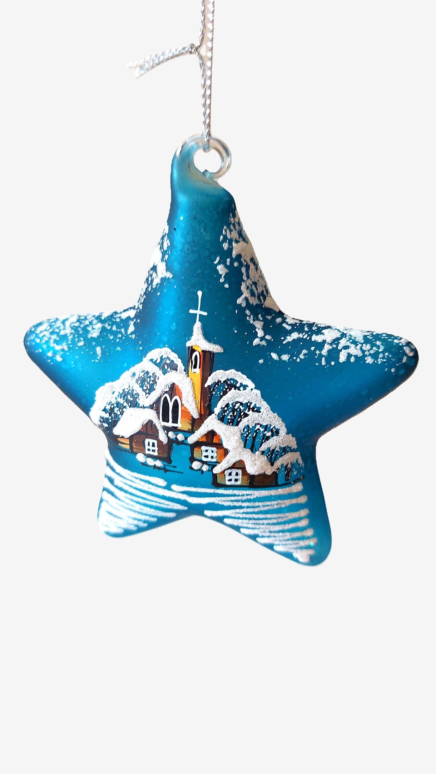 Vintage Czech Glass Christmas Ornament: Hand-Painted Blue Star, House Motif