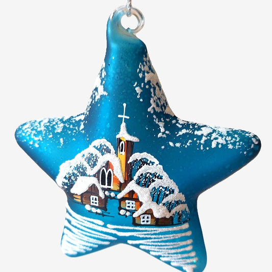Vintage Czech Glass Christmas Ornament: Hand-Painted Blue Star, House Motif