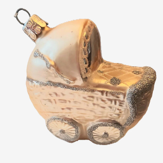 Vintage Czech Republic, Glass Blown, Hand Painted Christmas Tree Ornament - Pink Pram