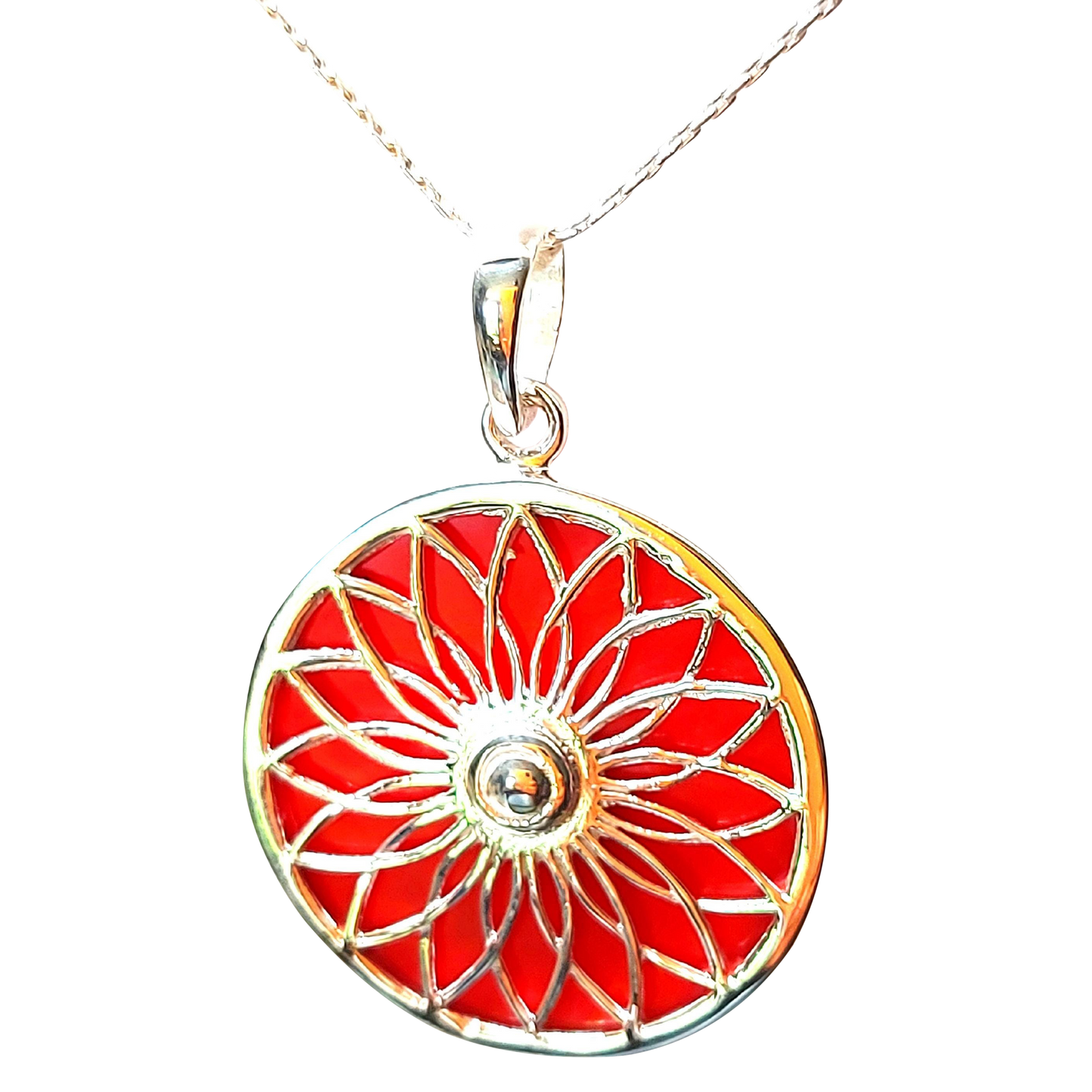 Silver Handmade Inlay Pendant Semi Precious Abalone Shell- Red Circle