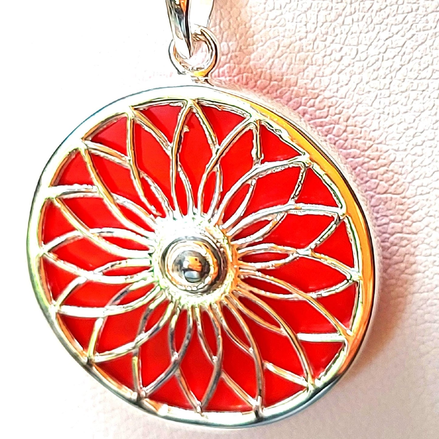Silver Handmade Inlay Pendant Semi Precious Abalone Shell- Red Circle