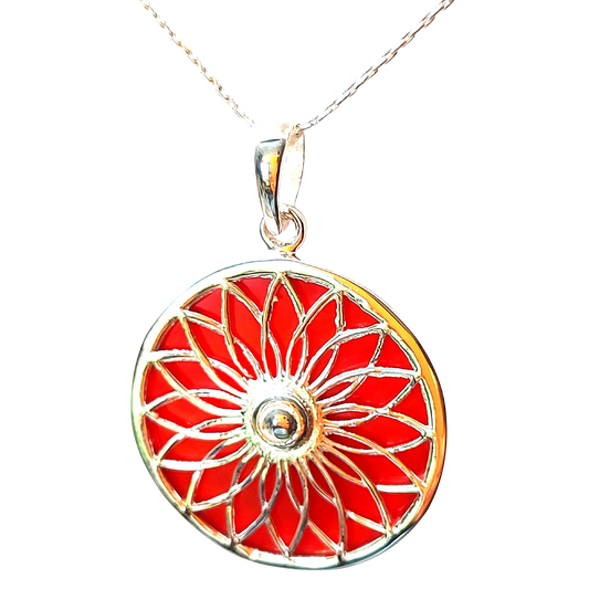 Silver Handmade Inlay Pendant Semi Precious Abalone Shell- Red Circle