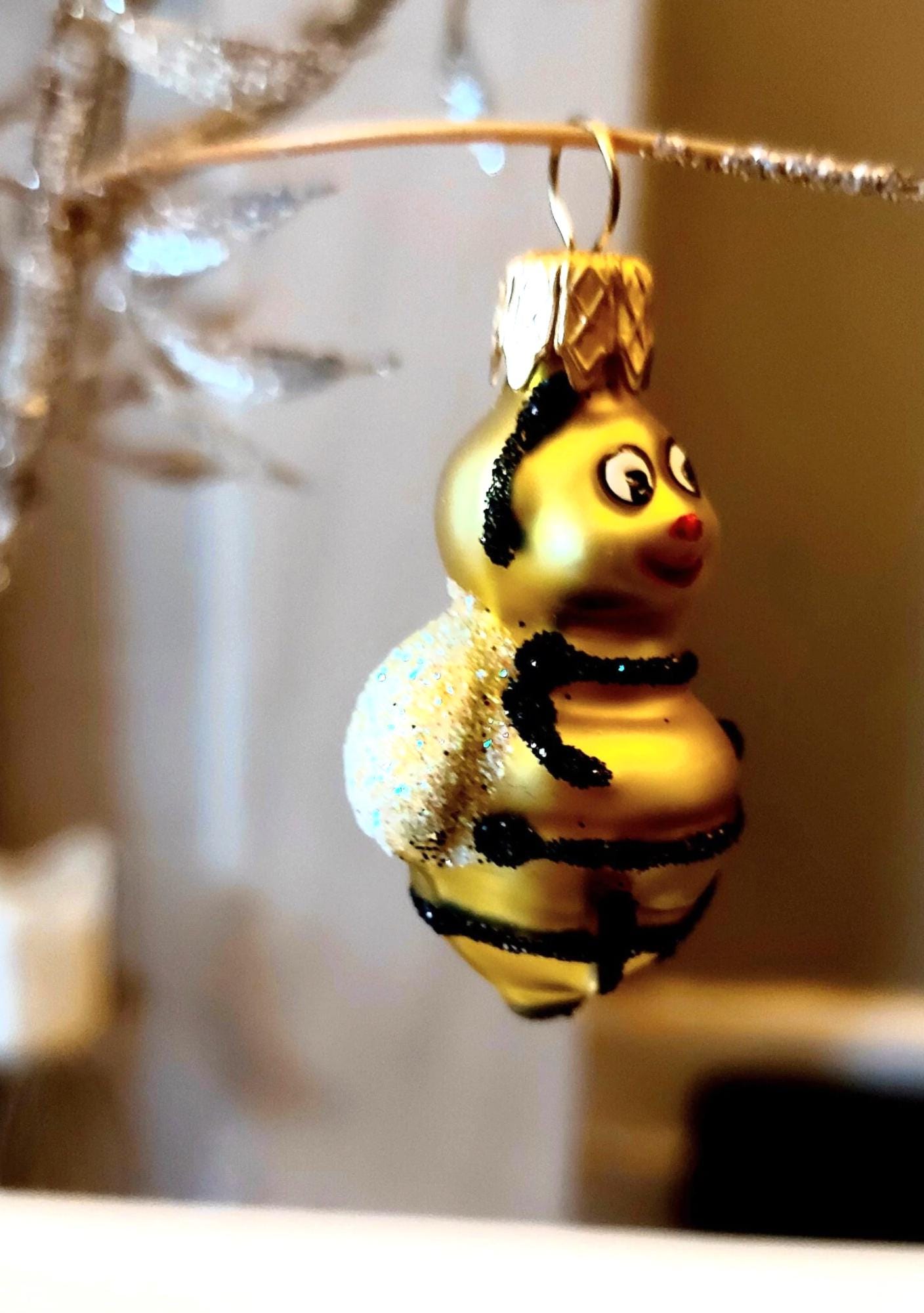 Vintage Czech Glass Bumble Bee Christmas Ornament - Hand Painted Pair
