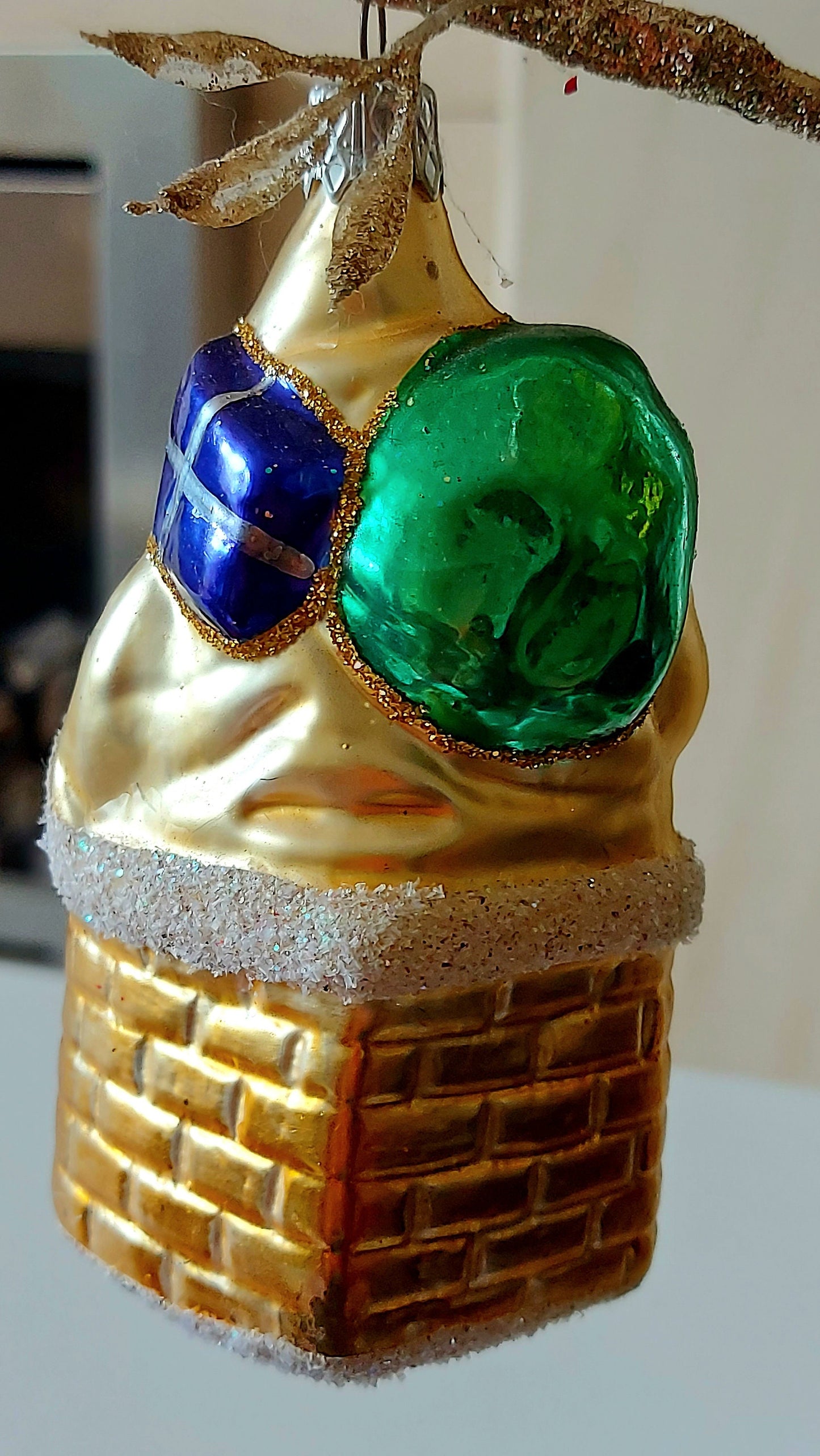 Vintage Czech Republic, Glass Blown, Hand Painted Christmas Tree Ornament - Large Santa in Chimney