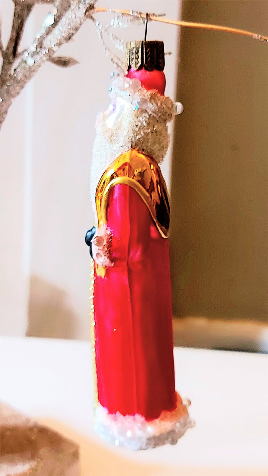 Vintage Czech Republic, Glass Blown, Hand Painted Christmas Tree Ornament - Thin Santa Red