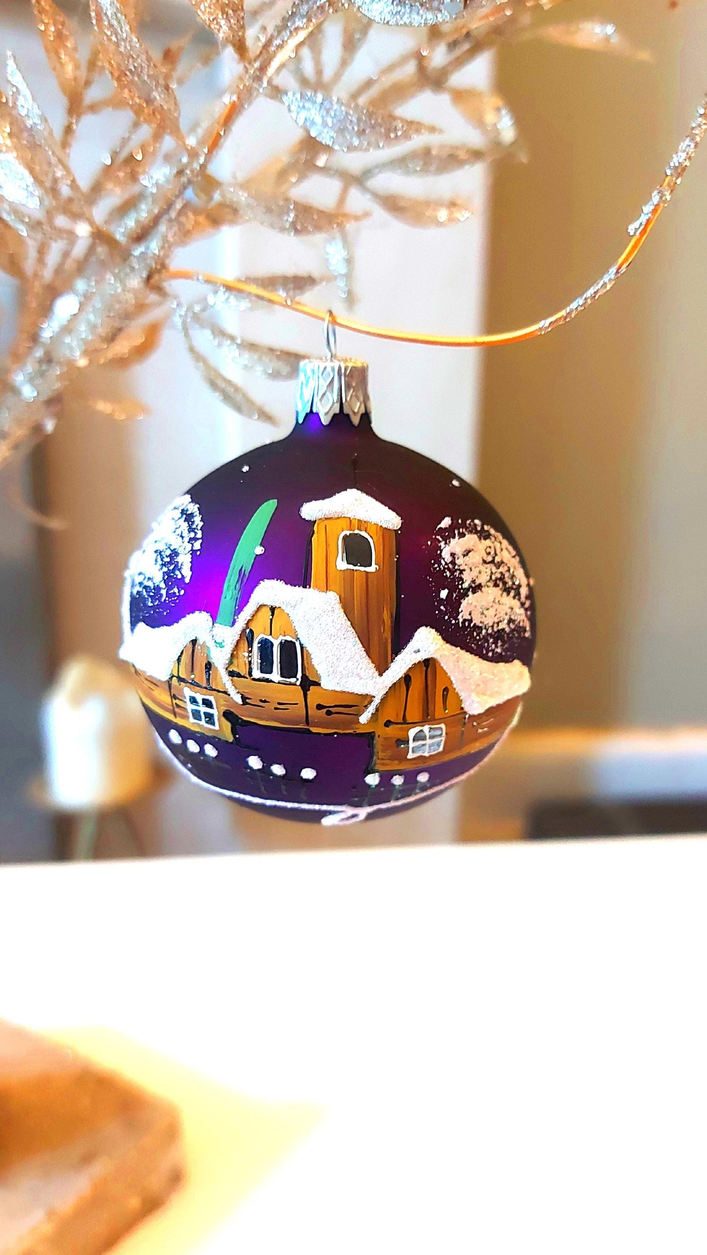 Vintage Czech Glass Christmas Ornament: Hand-Painted Purple Small Ball