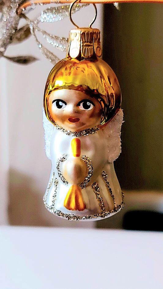 Vintage Czech Republic, Glass Blown, Hand Painted Christmas Tree Ornament - Angel
