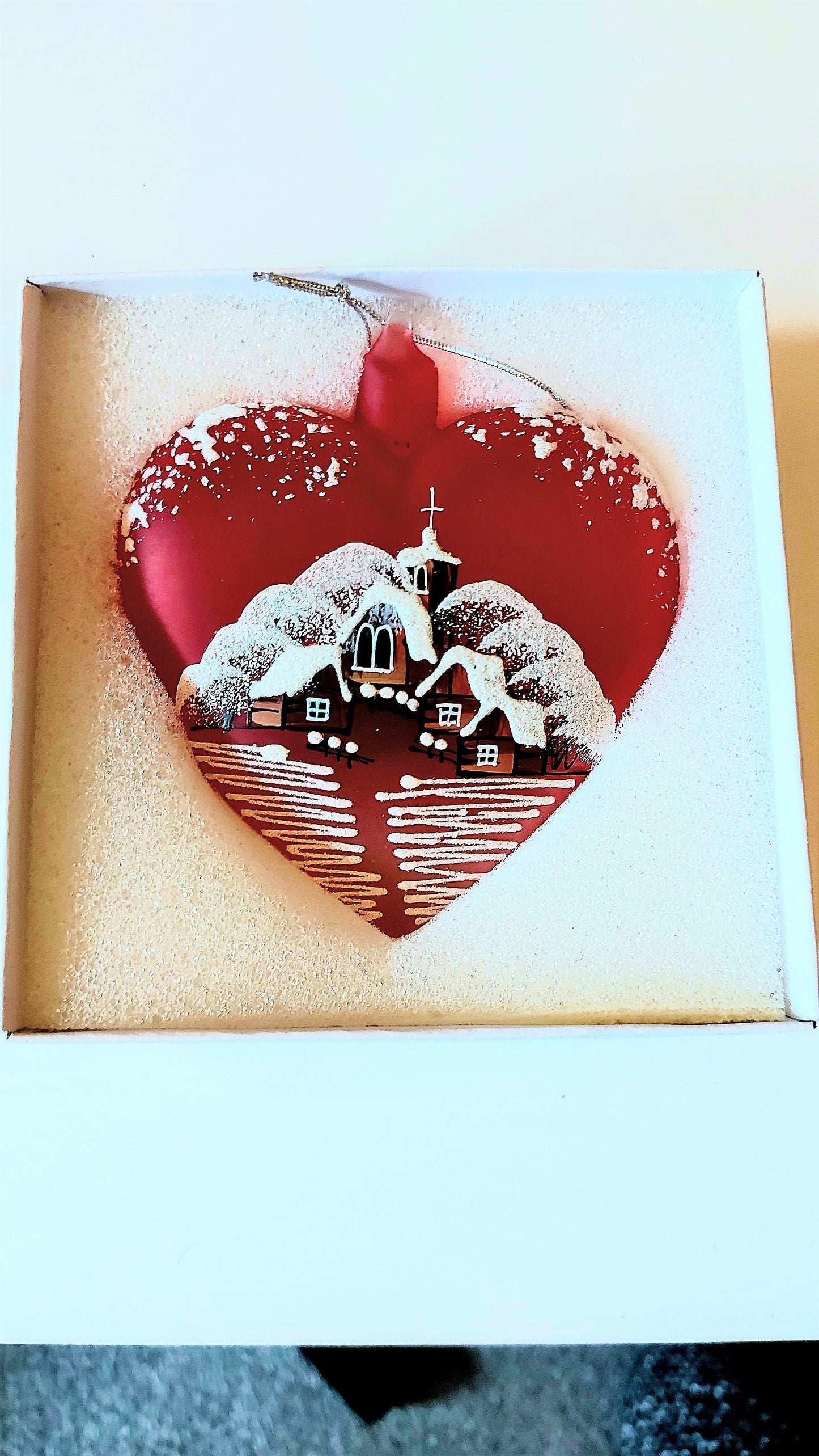 Vintage Czech Glass Christmas Ornament: Hand-Painted Red Heart House