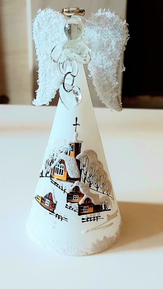 Vintage Czech Glass Angel Christmas Ornament: Hand-Painted Winter Village