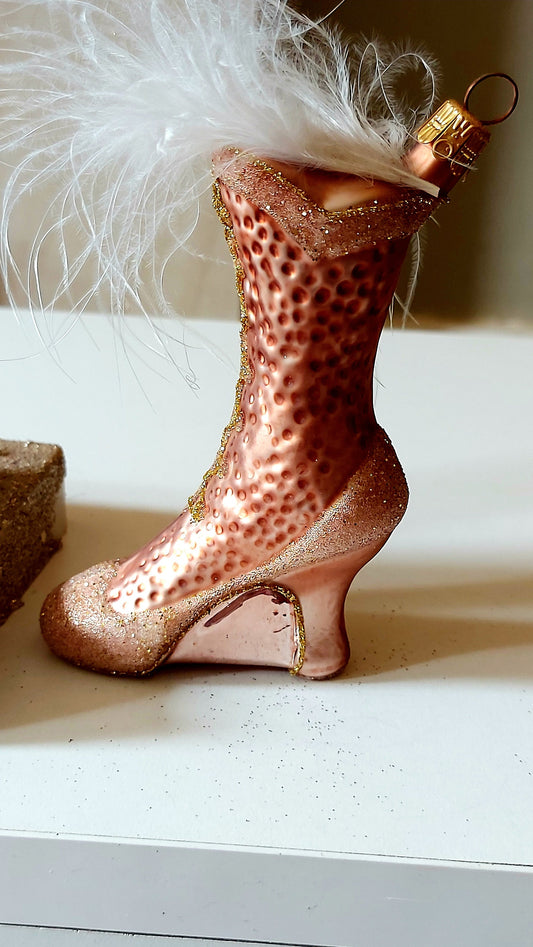 Vintage Czech Republic, Glass Blown, Hand Painted Christmas Tree Ornament - Boot Baby Pink