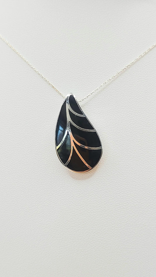 Silver Handmade Inlay Pendant Semi Precious Black Onyx- Black Leaf