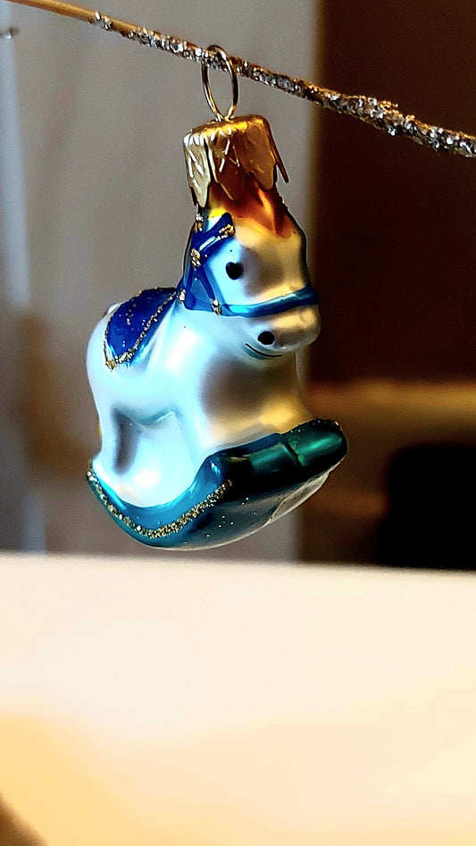 Czech Glass Blown Rocking Horse Christmas Ornament Pair