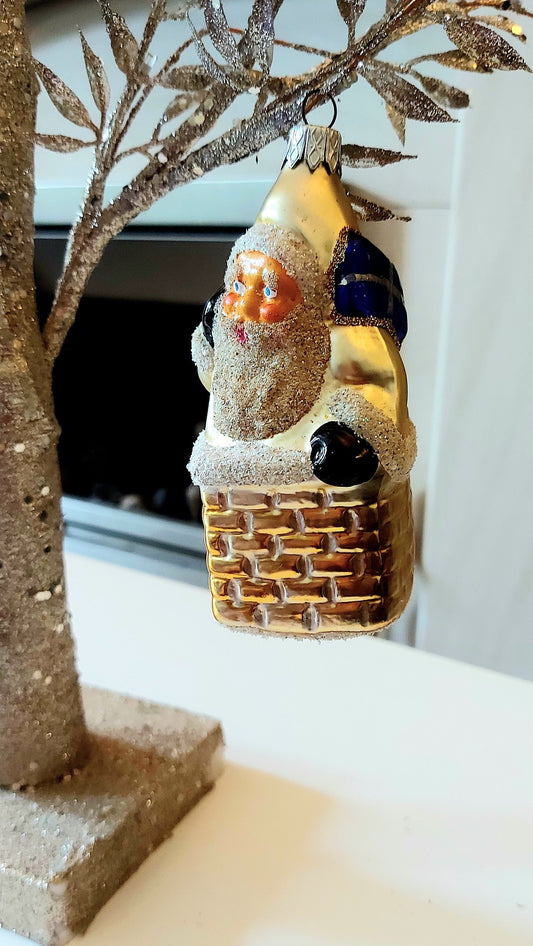 Vintage Czech Republic, Glass Blown, Hand Painted Christmas Tree Ornament - Large Santa in Chimney