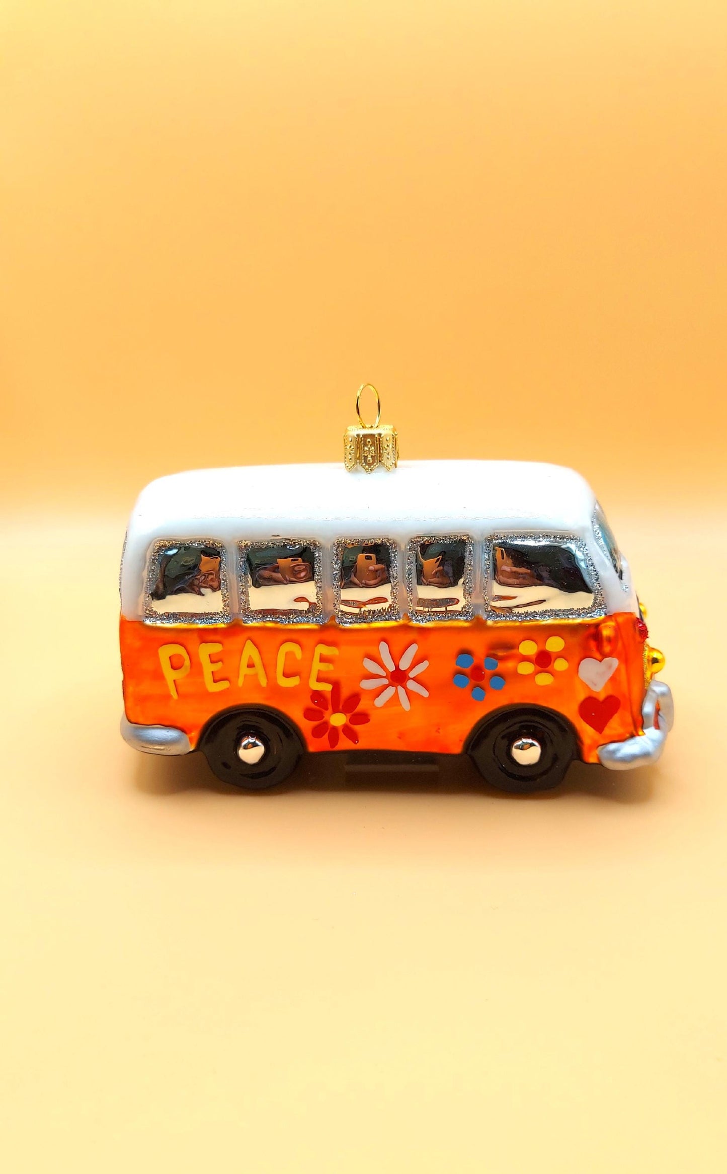 Vintage Czech Republic, Glass Blown, Hand Painted Christmas Tree Ornament - Orange Hippy Bus