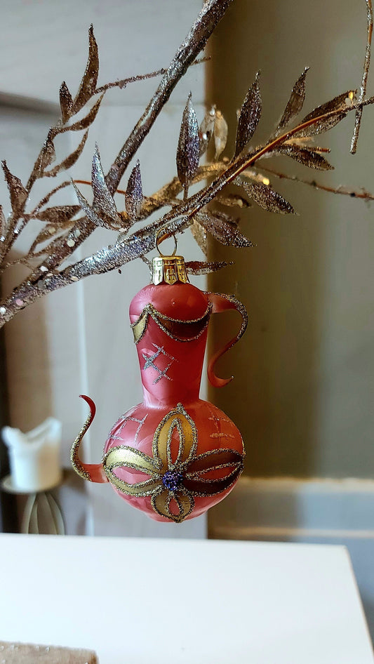Vintage Czech Republic, Glass Blown, Hand Painted Christmas Tree Ornament - Genie Lamp Pink