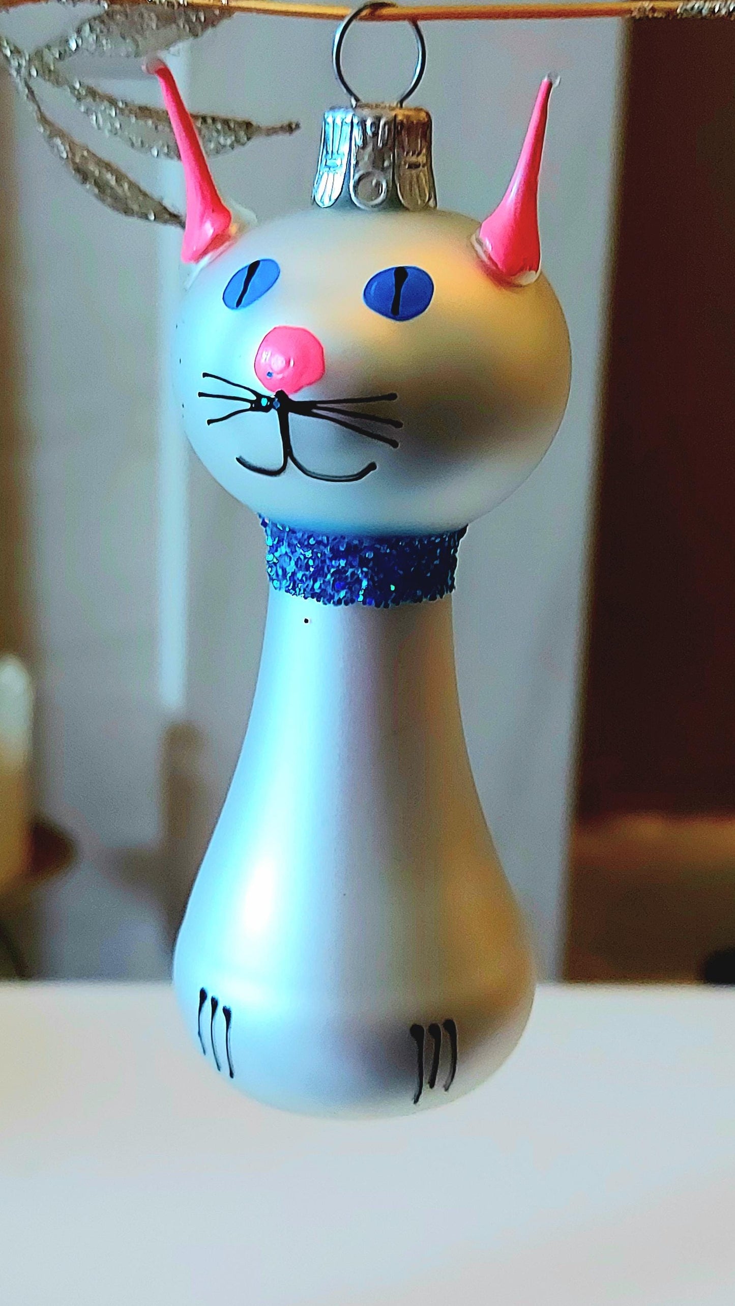 Vintage Czech Republic, Glass Blown, Hand Painted Christmas Tree Ornament - Silver Cat