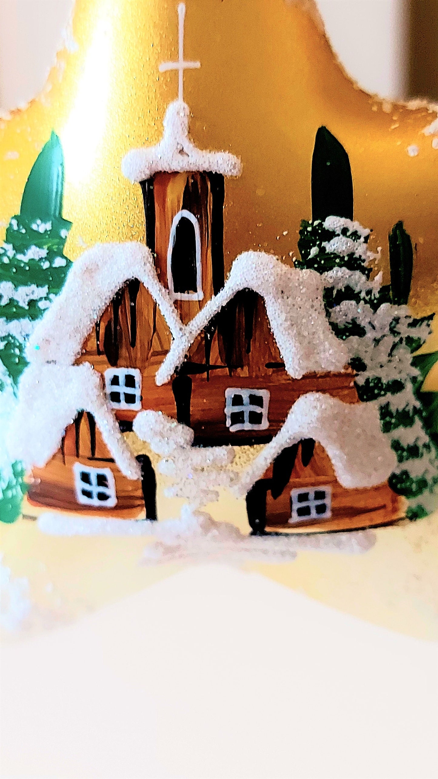 Vintage Czech Glass Christmas Ornament: Hand-Painted Gold Star, House Motif