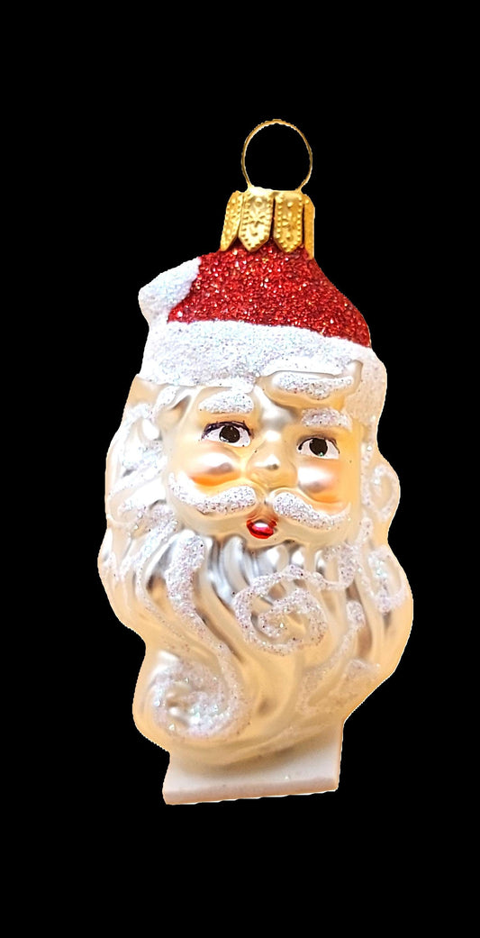 Vintage Czech Republic, Glass Blown, Hand Painted Christmas Tree Ornament - Santa Head